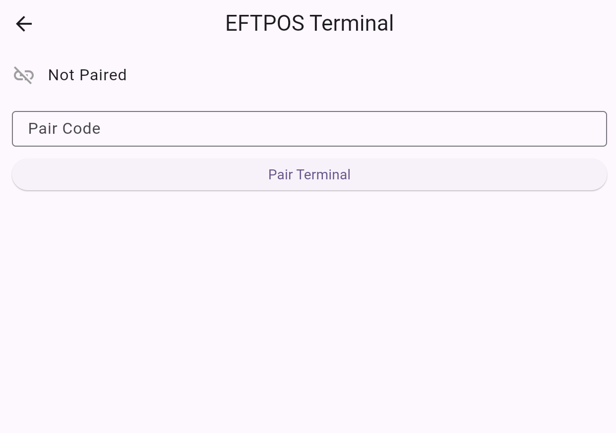 Axis X EFTPOS Terminal screen showing Not Paired status, an empty Pair Code field, and a Pair Terminal button